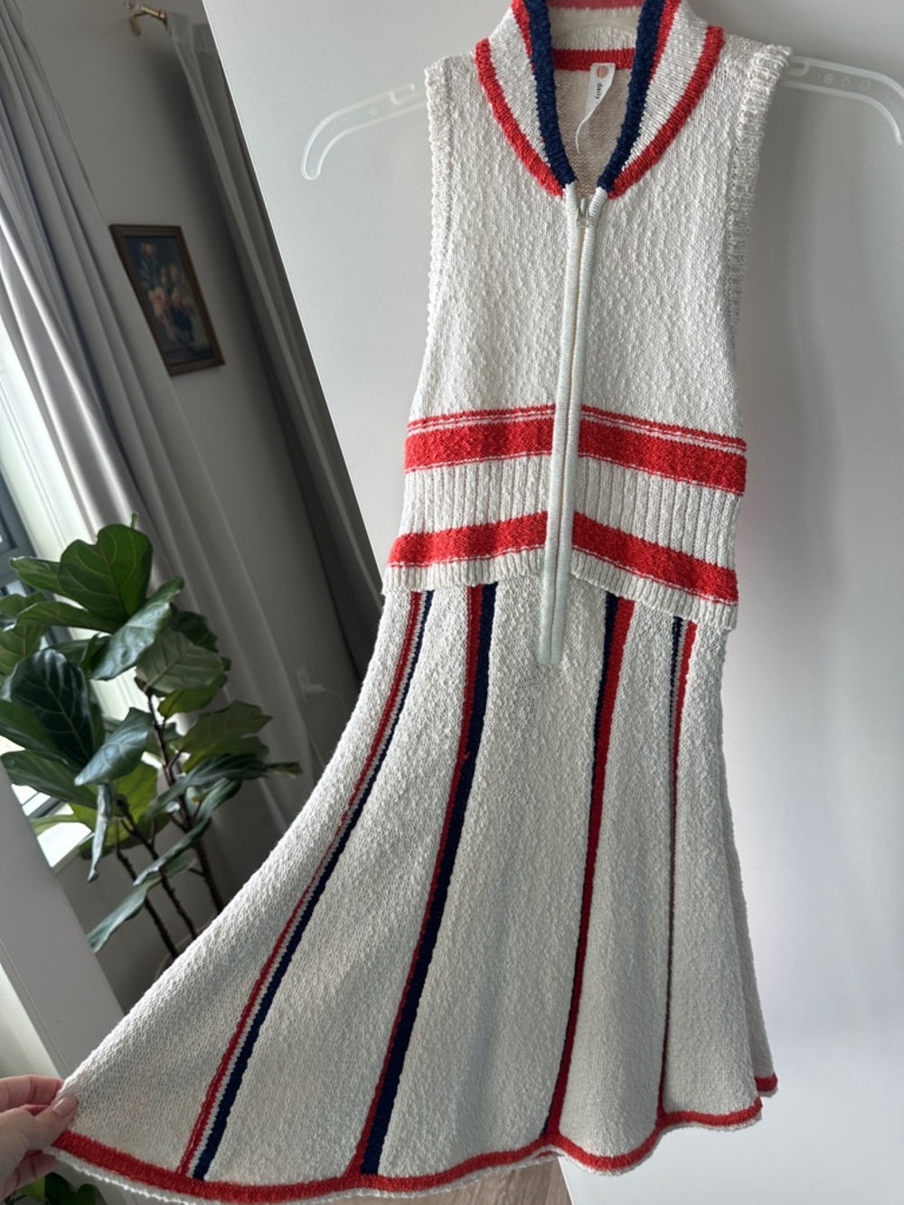 Sleeveless Knit Zip-Front Mini Dress in White with Red & Navy Stripes